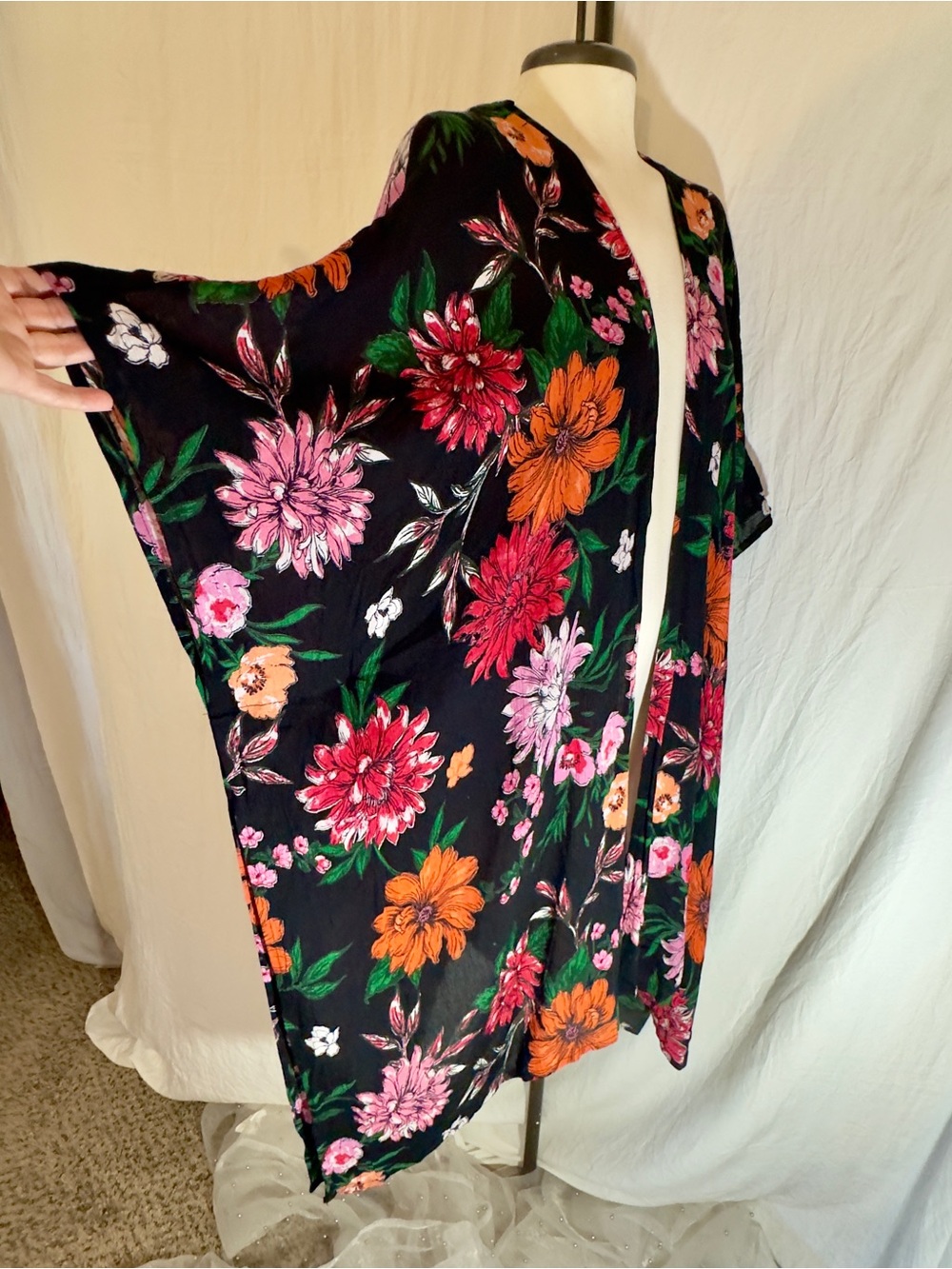 L.I.F.E. Black Floral Kimono Swimsuit Cover-Up Boho Festival 2X